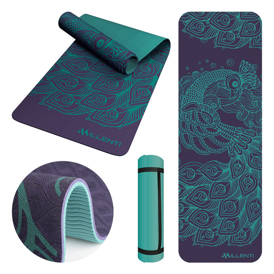 MILLENTI Premium Peacock Serenity Yoga Mat – Non-Slip, 6mm, with Carry Strap